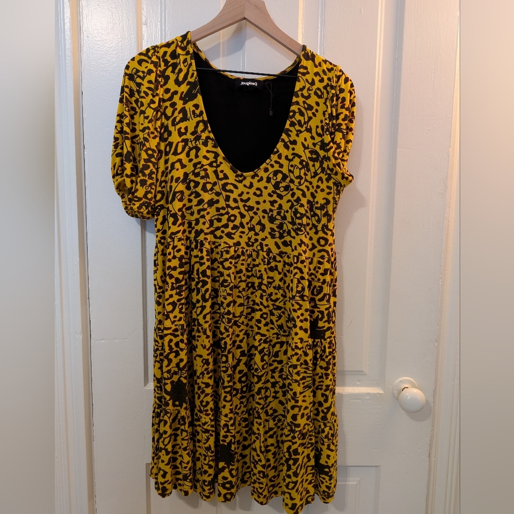 Desigual Leopard Babydoll Puff Sleeve Tiered Dress M - Picture 3 of 6
